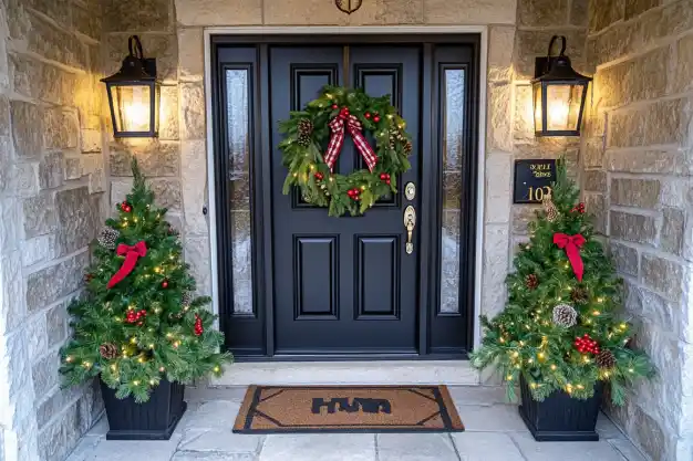 Festive front door decorated with a holiday wreath, flanked by illuminated evergreens and warm lantern lighting, creating a cozy Christmas welcome.