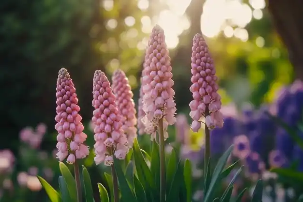 Soft pink grape hyacinths in full bloom, surrounded by lush green foliage and set against a backdrop of a vibrant spring garden