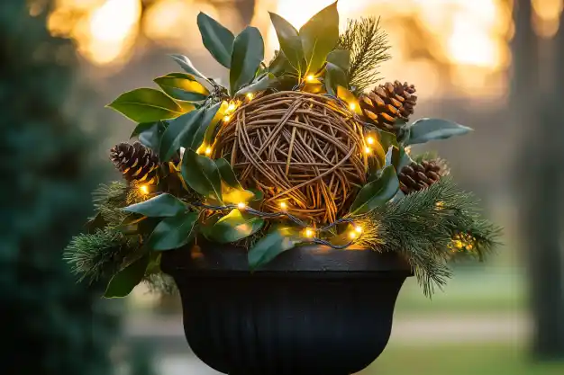 Outdoor holiday decor featuring a black urn planter with pine cones, magnolia leaves, and a glowing decorative orb with string lights, set against a twilight backdrop.