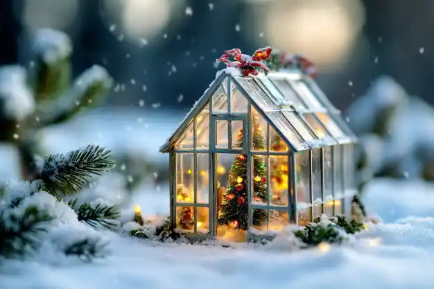 Miniature glass greenhouse adorned with festive lights and surrounded by snow-covered trees, creating a cozy winter wonderland scene