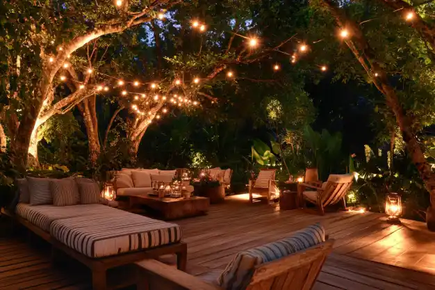 Cozy outdoor seating area adorned with warm string lights, creating an inviting ambiance for relaxation under the evening sky