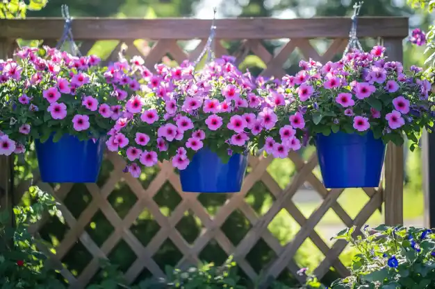 Colorful pink and purple petunias planted in bright blue pots, hanging on a wooden trellis, creating a vibrant vertical garden.