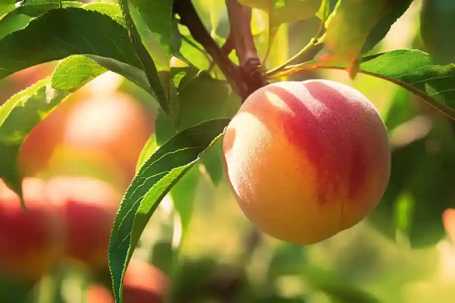 Close-up of a ripe peach on a tree branch.