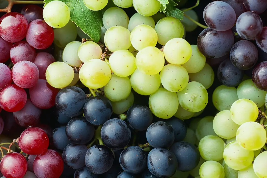 Close-up of assorted red, green, and black grapes.