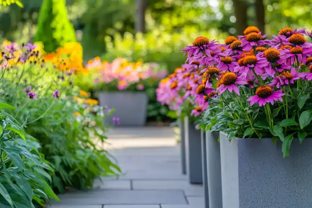 Row of modern planters with vibrant purple and orange coneflowers lining a garden pathway.