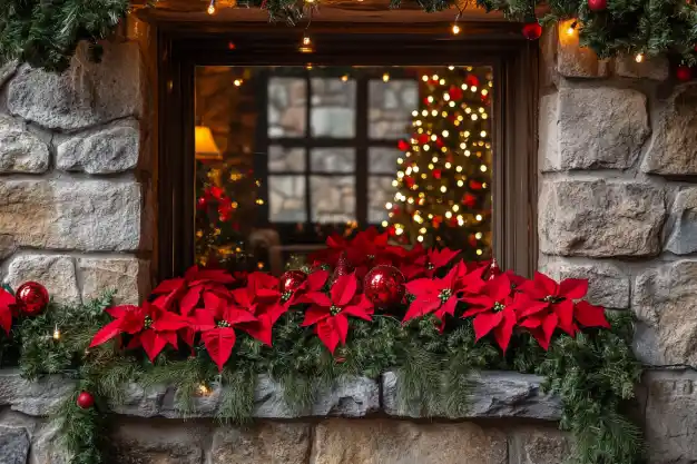 Festive window display with bright red poinsettias, evergreen branches, and red ornaments, warmly lit from within.