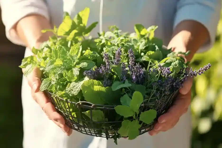 Person holding a basket of fresh herbs, including mint and lavender.