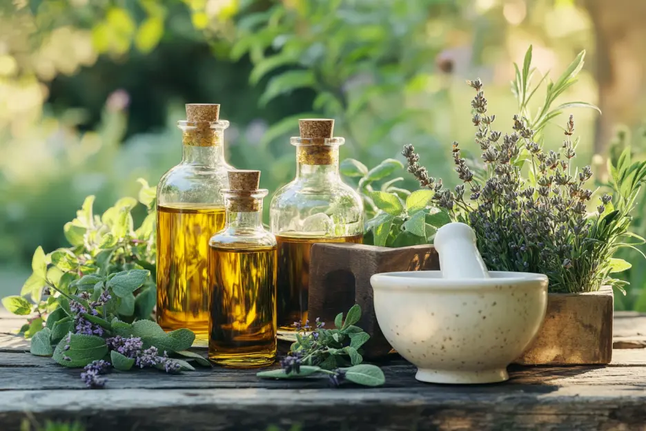 Herbal oils, fresh herbs, and a mortar and pestle on a rustic outdoor table.