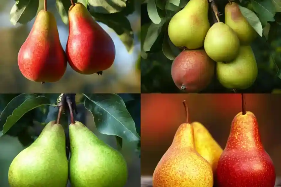 Four varieties of pears in different colors and shapes on tree branches.