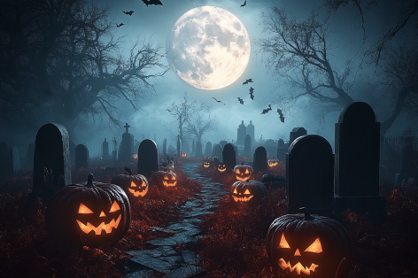 Spooky graveyard scene with glowing jack-o'-lanterns, full moon, and bats flying in a dark, eerie sky.