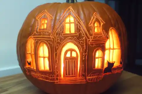 Carved pumpkin with a haunted house design, featuring windows, doors, and a cat silhouette.