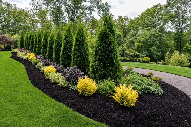 Well-maintained garden with tall evergreens, vibrant shrubs, and a neatly mulched pathway