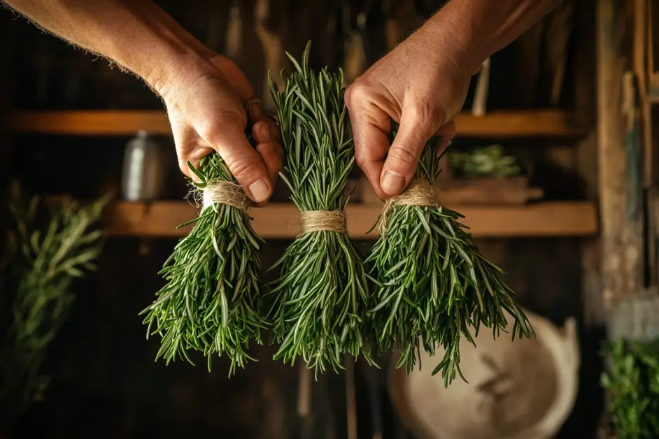 Close-up of hands holding three bunches of fresh rosemary tied with twine in an organic kitchen, with steam rising from the vibrant green leaves against rustic wooden shelves filled with plant-based ingredients.