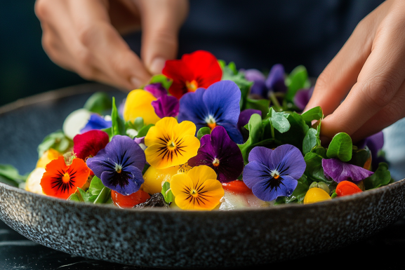 harvesting pansy flowers for cooking.