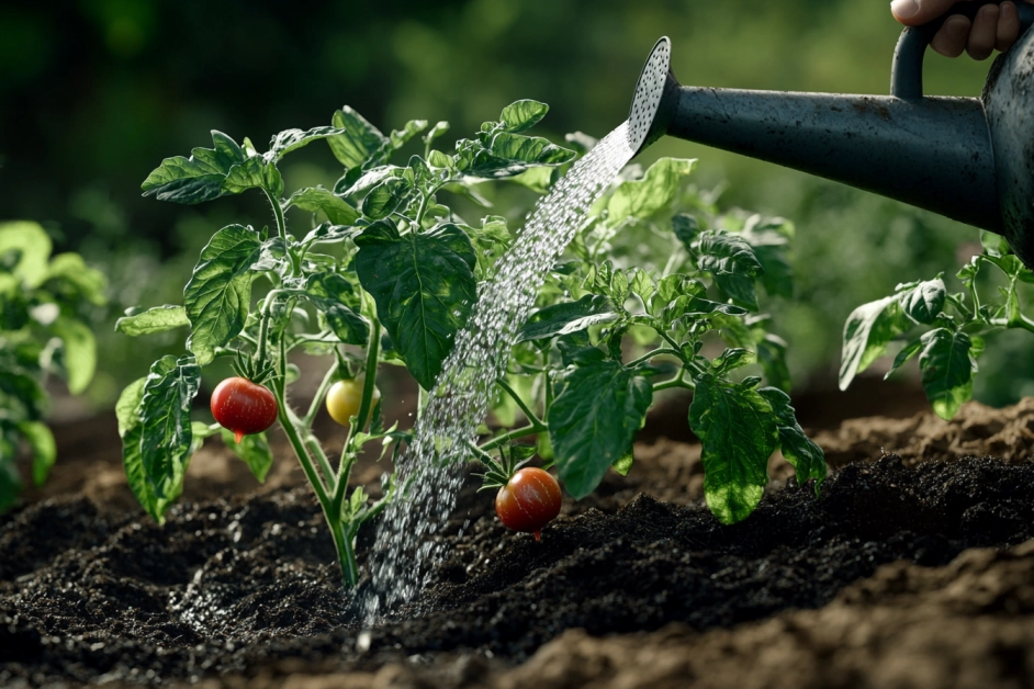 Watering tomato plants in a garden – how to grow tomatoes. 1