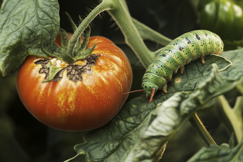 Tomato hornworm on a plant – common tomato pests and solutions. 1