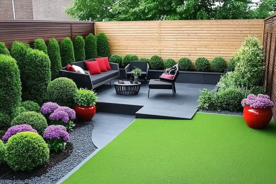 Modern-small-garden-with-lush-greenery-sleek-black-patio-furniture-vibrant-red-accents-and-sculpted-plants-for-a-stylish-outdoor-retreat