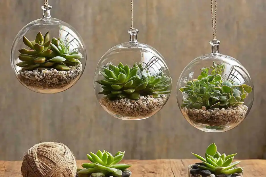 Hanging glass terrariums with vibrant succulents and decorative pebbles, adding a touch of green elegance and charm to any space.