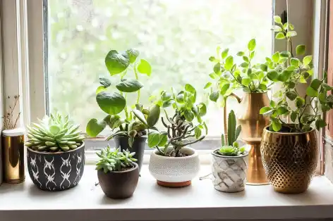 A cozy windowsill adorned with a variety of potted plants, each unique in its decorative pot, bringing natural warmth and greenery indoors.
