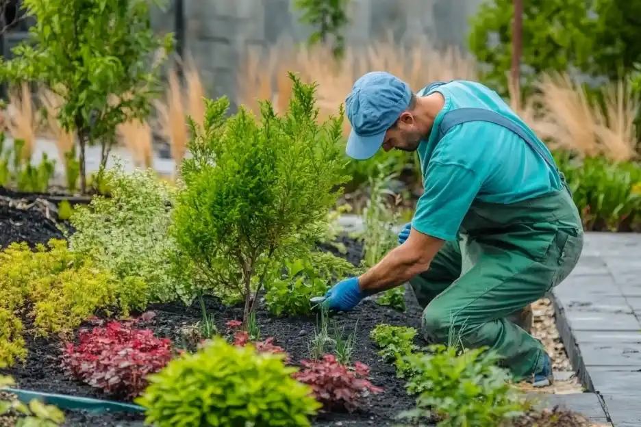 A dedicated gardener tending to a vibrant garden bed, surrounded by lush greenery and colorful shrubs