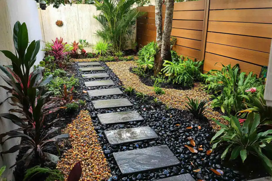 Stylish garden with a stepping stone path surrounded by colorful pebbles and tropical plants.