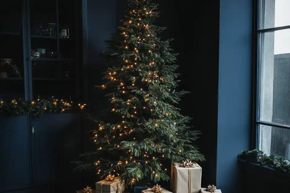A beautifully lit Christmas tree adorned with soft, warm lights, surrounded by elegantly wrapped presents in a cozy, dimly lit room.