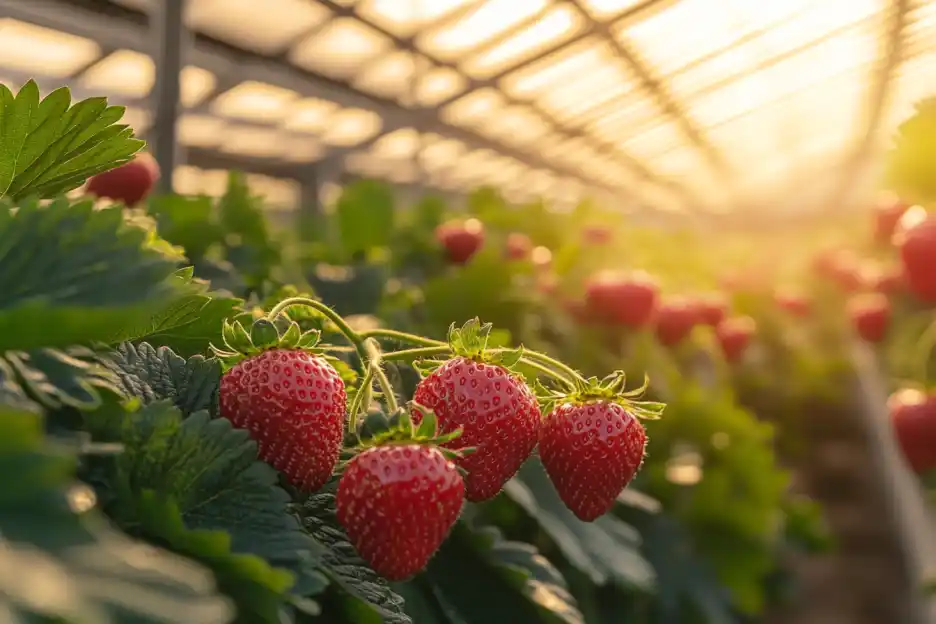 Ripe strawberries in a sunlit greenhouse.