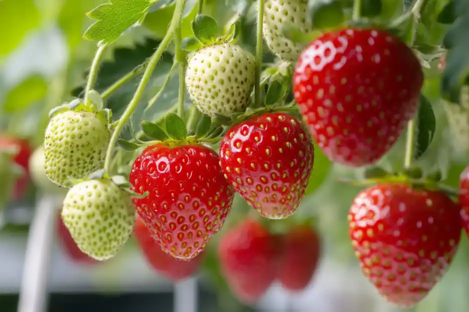 Ripening strawberries hanging on vine.