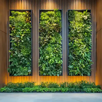 Three vertical garden panels with lush green plants mounted on a wooden wall, with a variety of foliage creating a vibrant living wall. A simple garden trellis idea