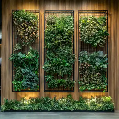 Three vertical garden panels with lush green plants mounted on a wooden wall, with a variety of foliage creating a vibrant living wall. A simple garden trellis idea