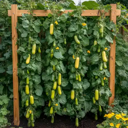 Simple garden trellis idea featuring a wooden frame supporting lush cucumber vines with hanging cucumbers, complemented by small yellow flowers