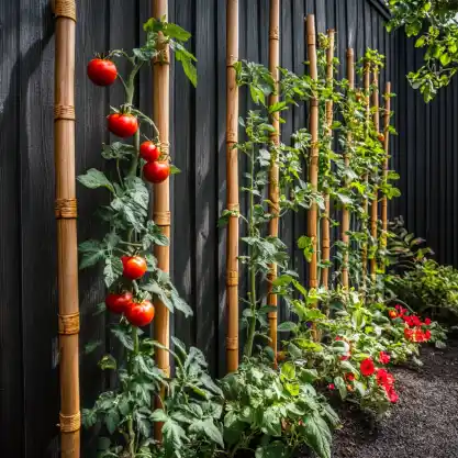 Tomato plants supported by bamboo stakes along a black wooden fence, with vibrant red tomatoes and flowers below. A simple garden trellis idea.