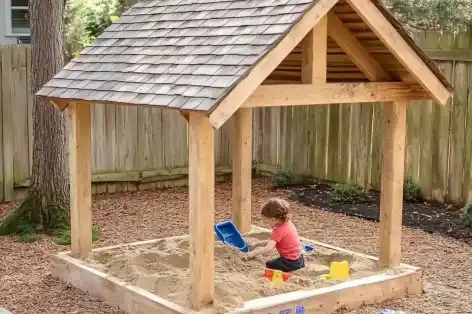 A child plays in a wooden sandbox with a sturdy roof structure, providing shade and protection for hours of outdoor fun.