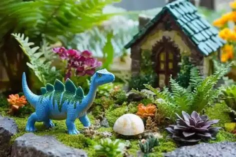 A whimsical dinosaur-themed fairy garden with toy dinosaurs, miniature plants, and a small cottage, set on a lush mossy landscape