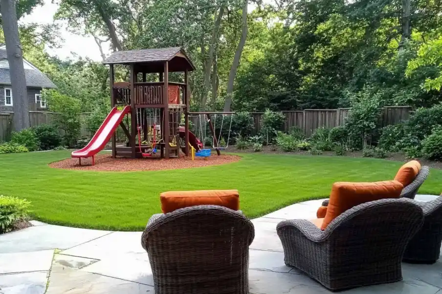 Backyard with a children's playset surrounded by greenery, viewed from wicker chairs on a stone patio