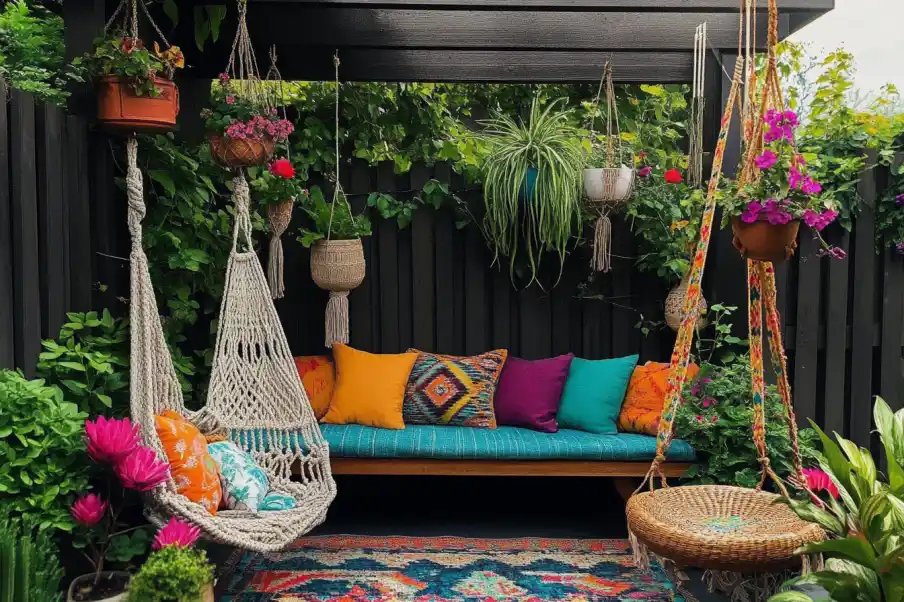 Bohemian-inspired outdoor seating area with macramé plant hangers, colorful cushions, and potted plants, creating a cozy and vibrant garden retreat