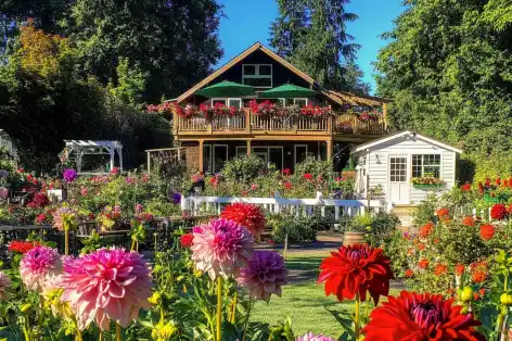 Charming farmhouse with a vibrant garden of red and pink dahlias, surrounded by lush greenery