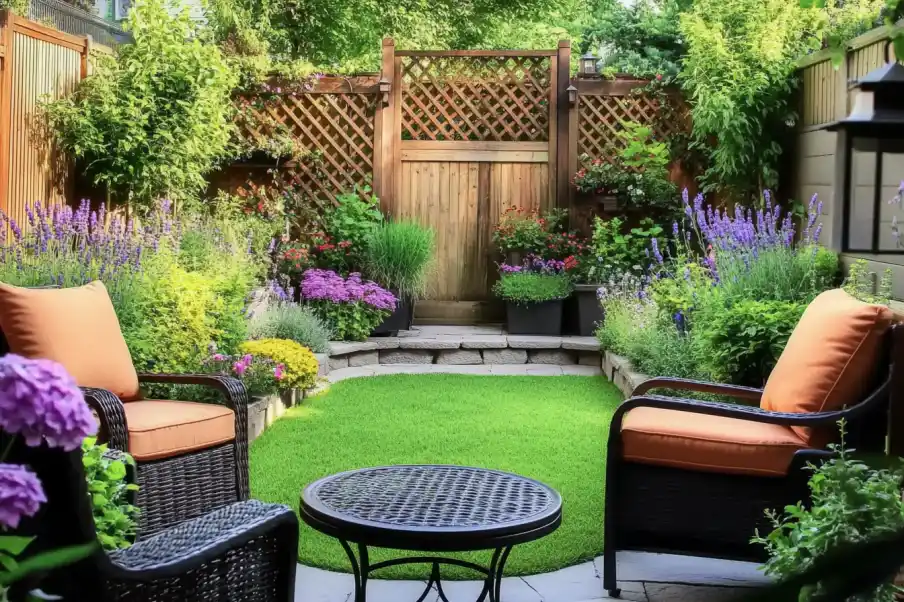 Charming fenced garden with lush plants, patio seating, and steps leading to a wooden gate.