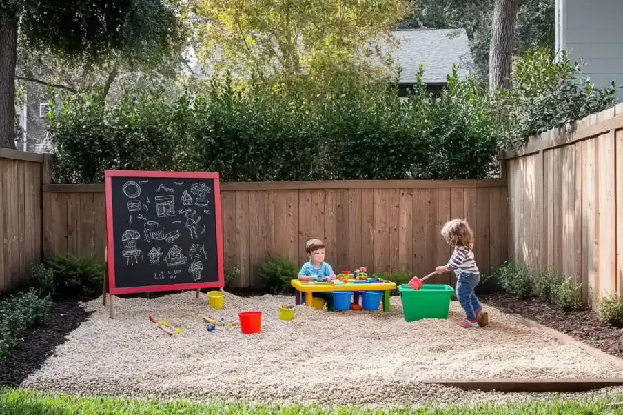 Children playing in a fenced backyard play area with a chalkboard, toys, and a shaded sandbox, surrounded by greenery