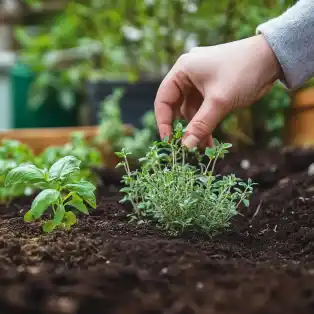 Close-up of a person planting herbs in rich soil in a garden bed