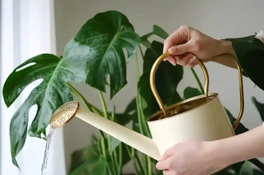 Close-up of a person watering a Monstera plant with a cream and gold watering can, nurturing the lush green foliage