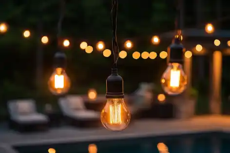 Close-up of vintage-style string lights hanging over a cozy outdoor seating area, illuminating a warm evening ambiance