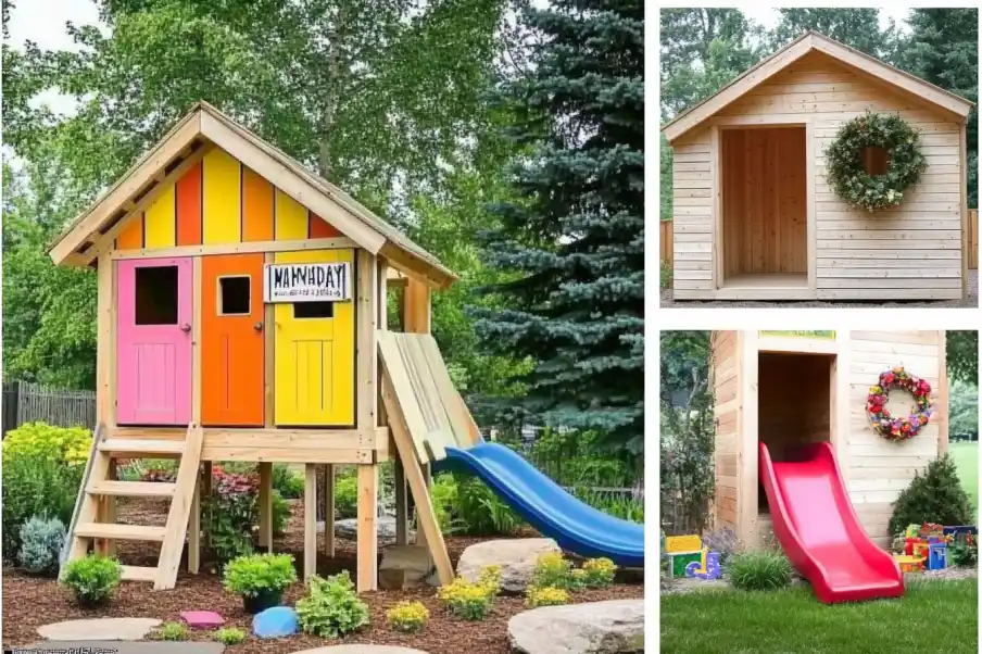 Collage of creative backyard playhouses: A-frame structure with colorful panels, treehouse with a slide, and cozy wooden playhouse with garden decor.