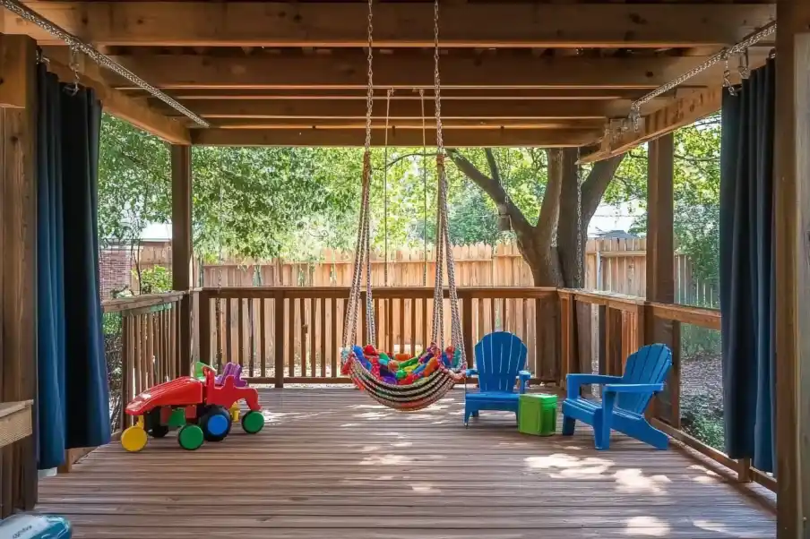 Covered outdoor play area with a rope swing, climbing rings, toy trucks, and colorful chairs on a wooden deck