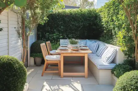 Cozy outdoor dining area with a wooden table, bench seating, and lush greenery, creating an inviting garden retreat