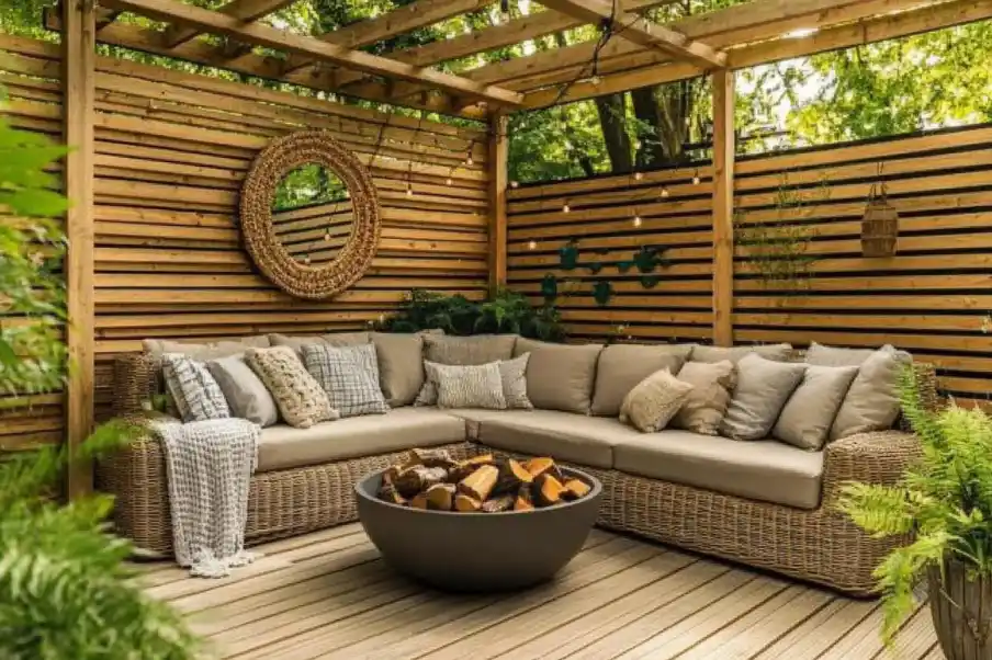 Cozy outdoor nook with an L-shaped wicker sofa, beige cushions, slatted wood privacy wall, round mirror, and string-lit pergola. A fire pit and blankets complete the warm, inviting vibe