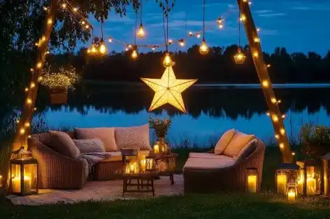 Cozy outdoor seating area at dusk with string lights, a large illuminated star, and candles creating a warm ambiance by a lake