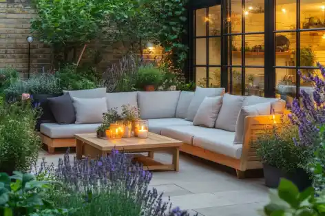 Cozy patio with a neutral sofa, lush plants, and warm lighting for evening relaxation