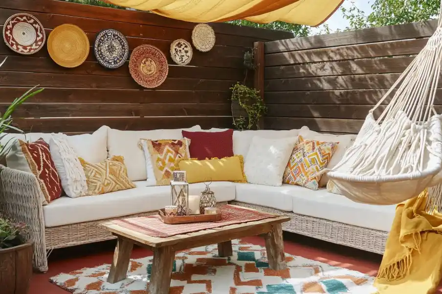 Cozy small garden with neutral wicker seating, colorful pillows, and a rustic hammock by a wooden privacy wall