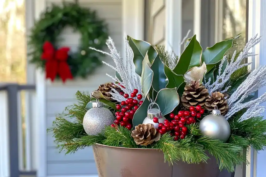 Elegant holiday planter with evergreen branches, magnolia leaves, pinecones, red berries, and silver accents for a festive touch